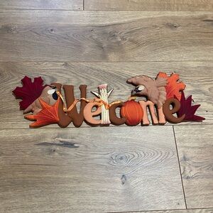 Autumn Welcome Sign with Leaves and Pumpkin